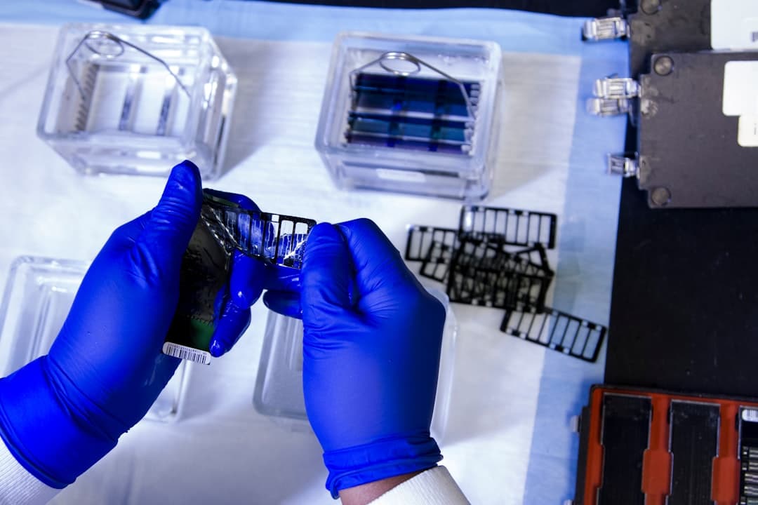 Lab analyst preparing a slide with gloved hands