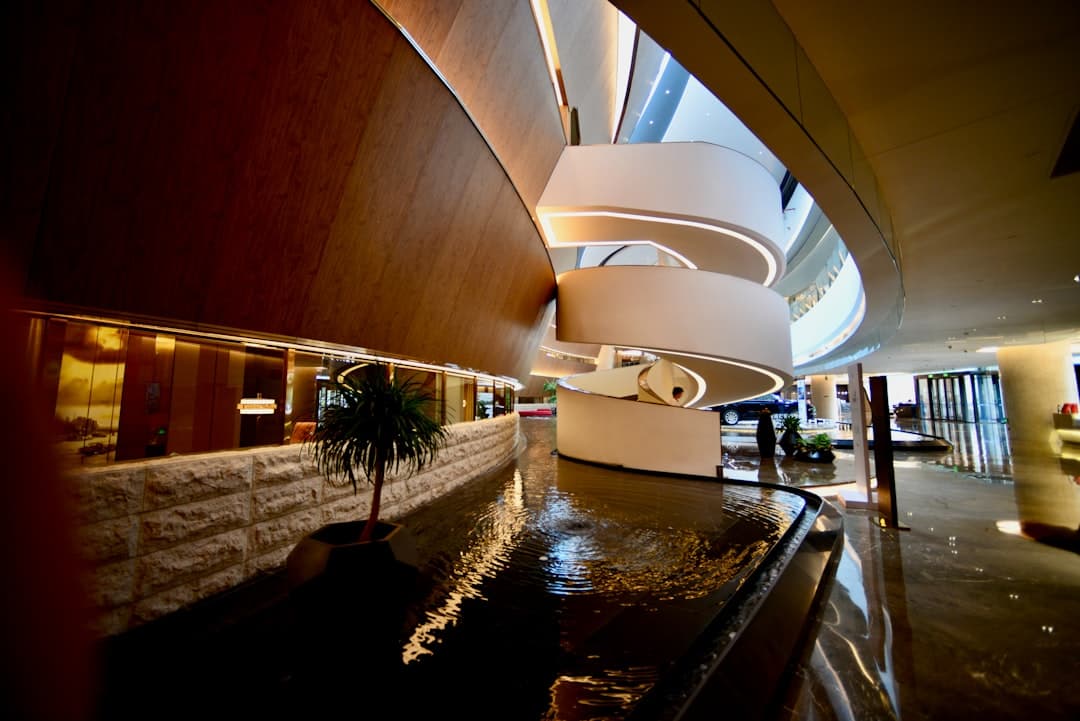 Decorative water feature in a hotel lobby