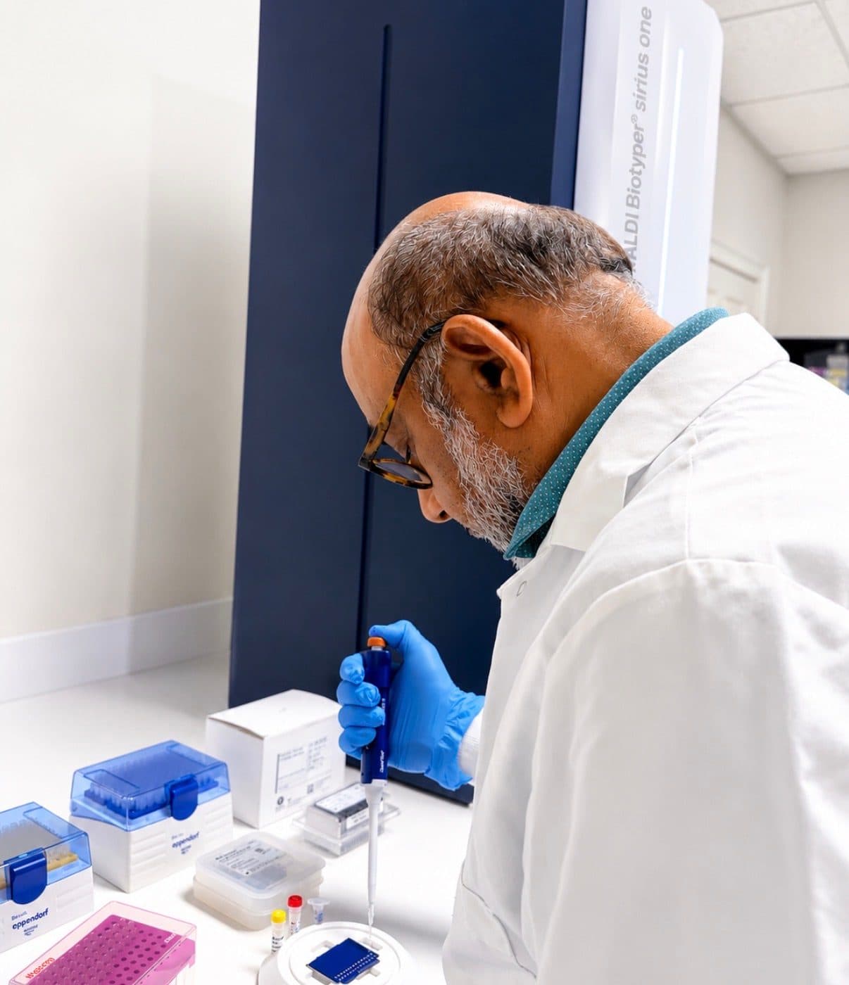 Air Allergen analyst pipetting a sample at the Bruker MALDI Biotyper sirius one