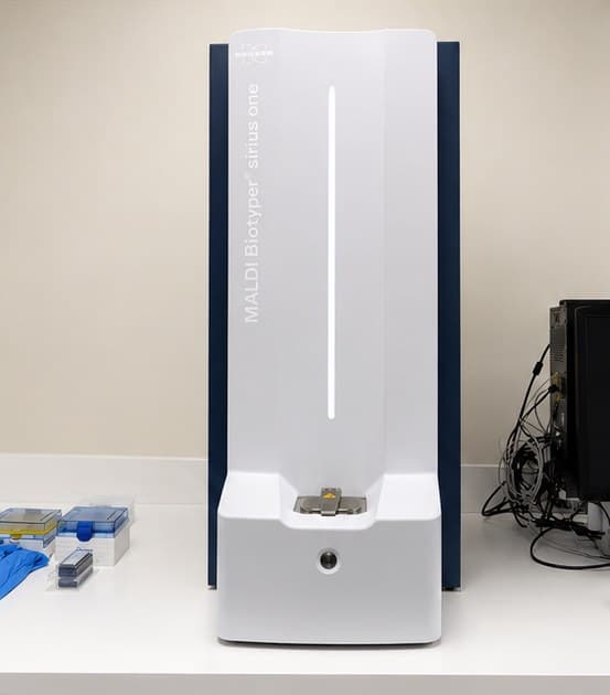 Front view of the Bruker MALDI Biotyper sirius one with a prepared sample target