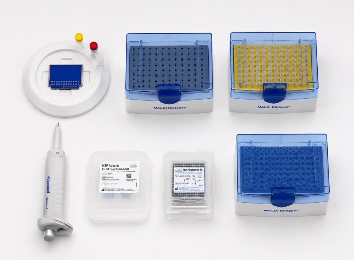 MALDI Biotyper target plates, MSP adapter, and pipette used in sample preparation