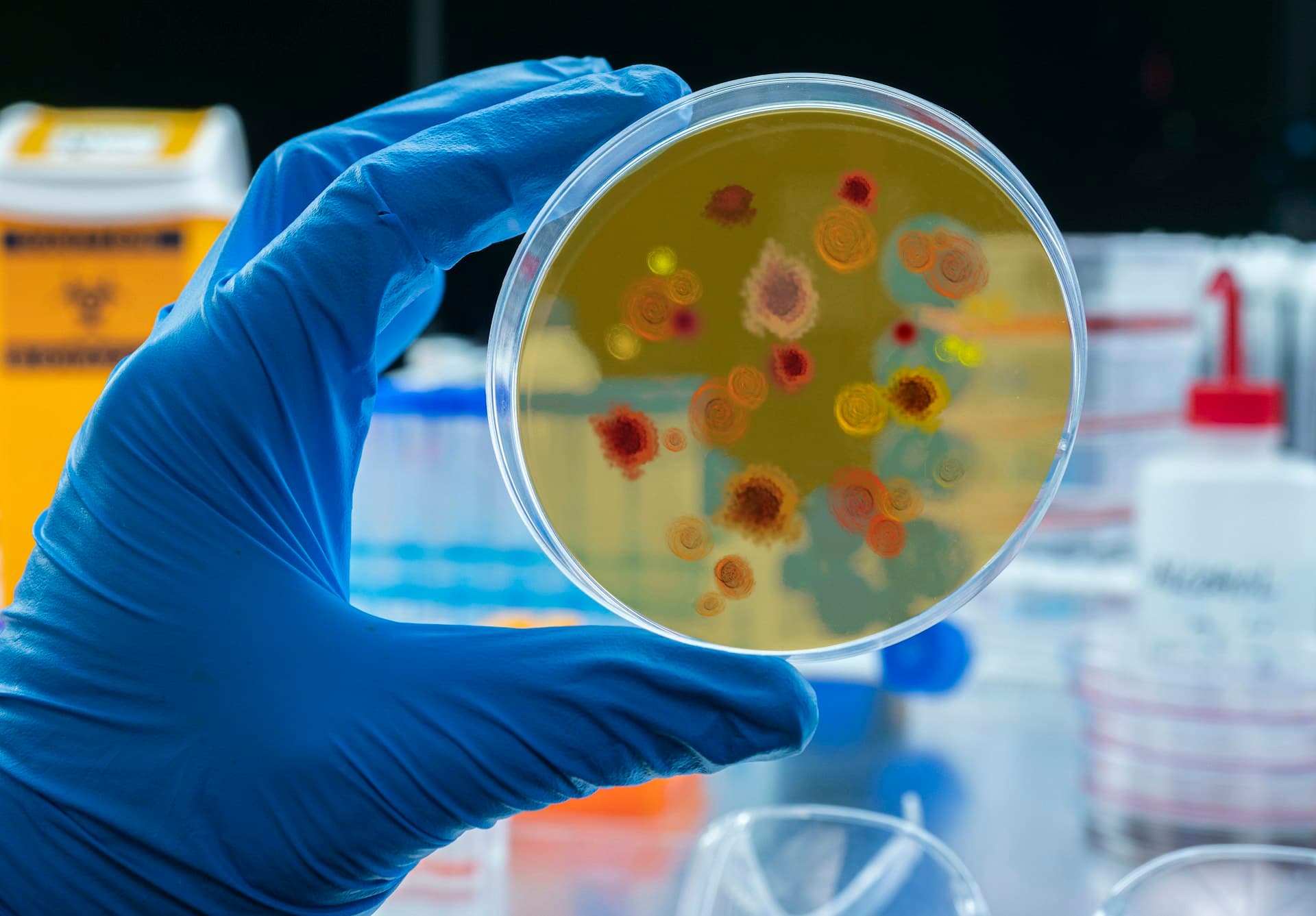 Gloved hand holding a petri dish with mold colonies in the lab