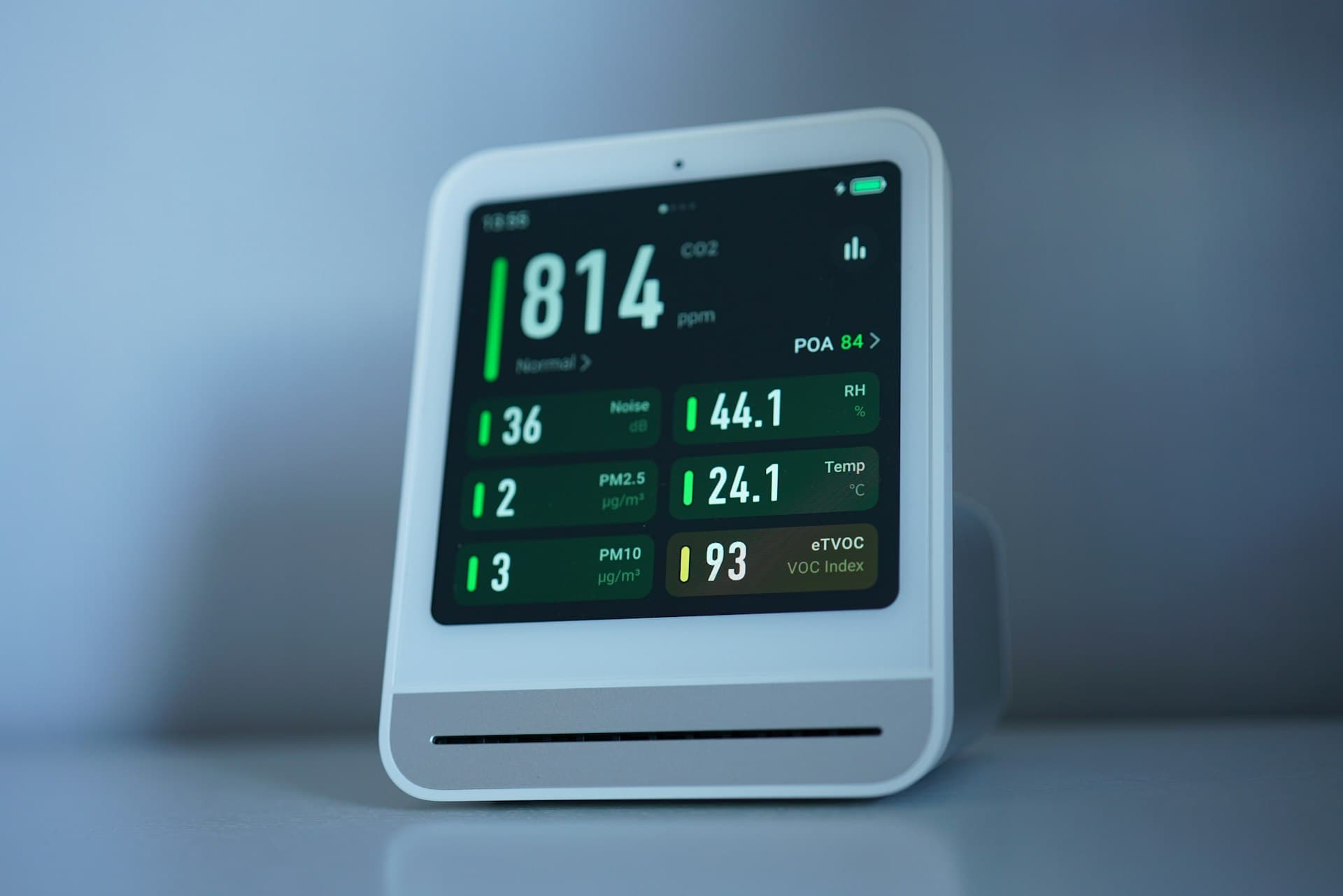 Indoor air quality monitor showing live pollutant readings